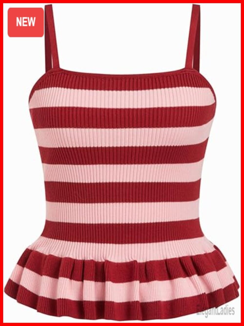 Striped Sleeveless Square Neck Ruffle Knit Crop Tank Top